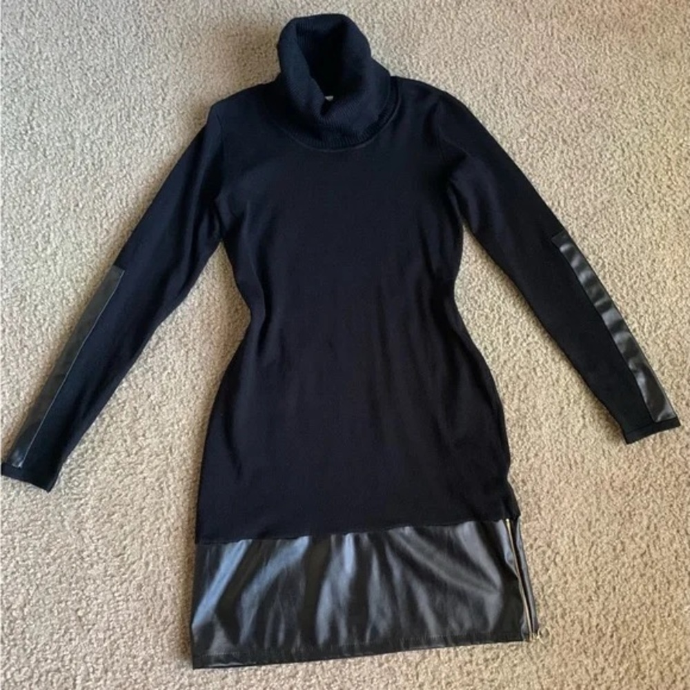 Say What? Trendy faux-leather trim sweater dress with cowl neck.